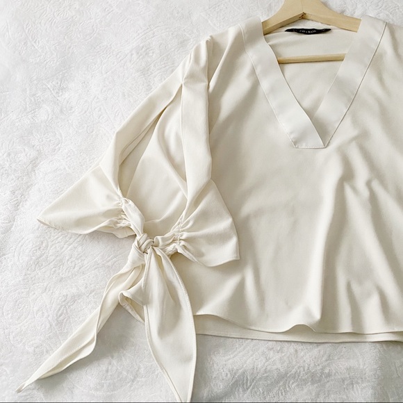 Zara Off White Tied Bell Sleeve V Neck Top - Picture 5 of 11